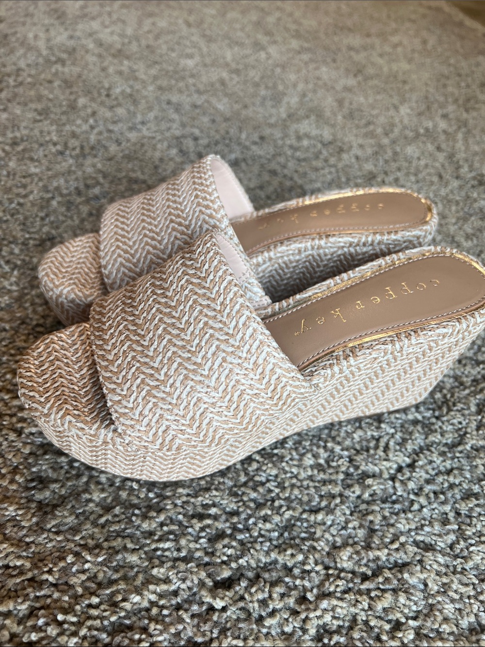 Copper Key Beige Wedge Slide Sandals